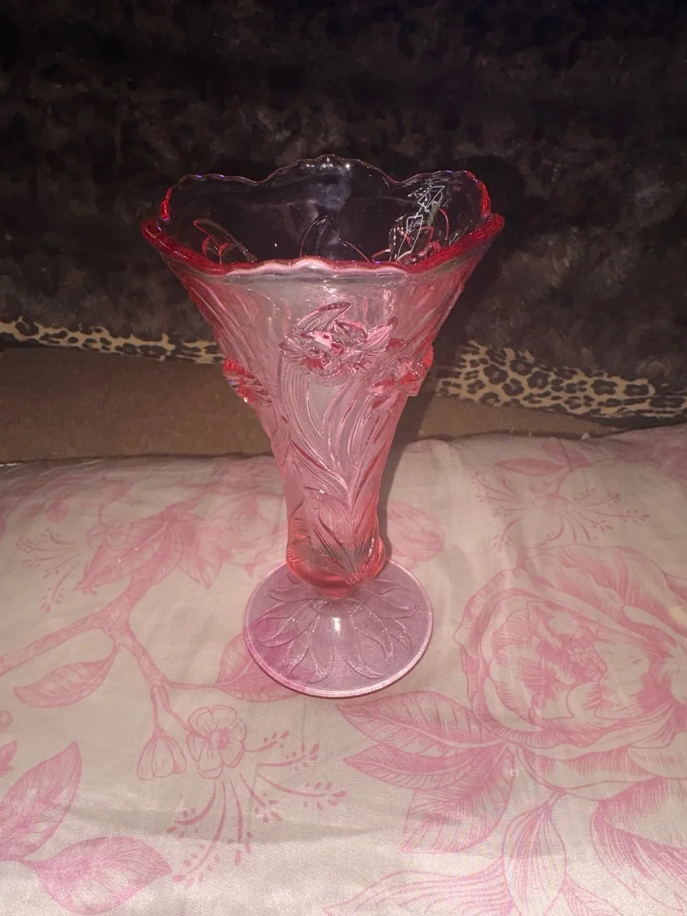 Fenton Pink Floral Pressed Glass Vase